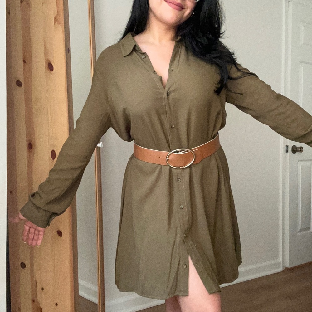 Olive Green long sleeve button down dress